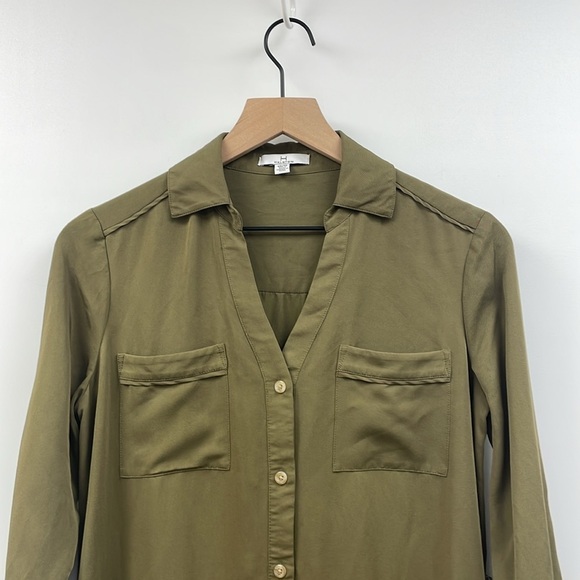 Halston Button Down Long Sleeve Split V-Neck Shirt Midi Dress Green XS - Picture 2 of 7